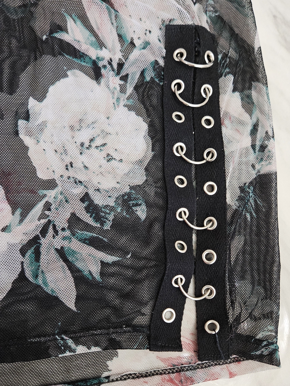 Bold & Femine Black Mesh Floral Lace-Up Panel Blouse